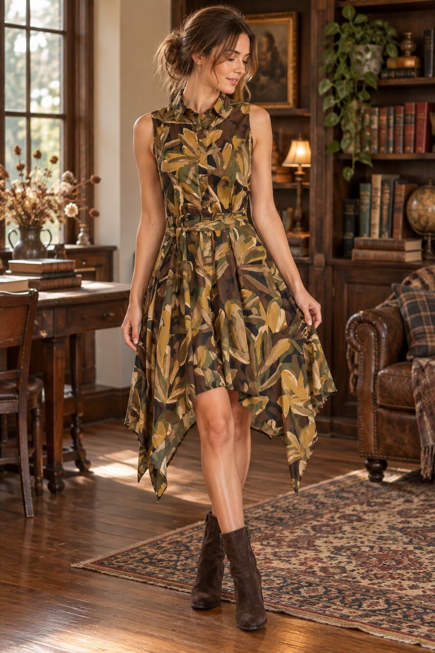 Botanical Leaf Midi Dress Olive Mustard Asymmetrical Hem Dark Academia Small